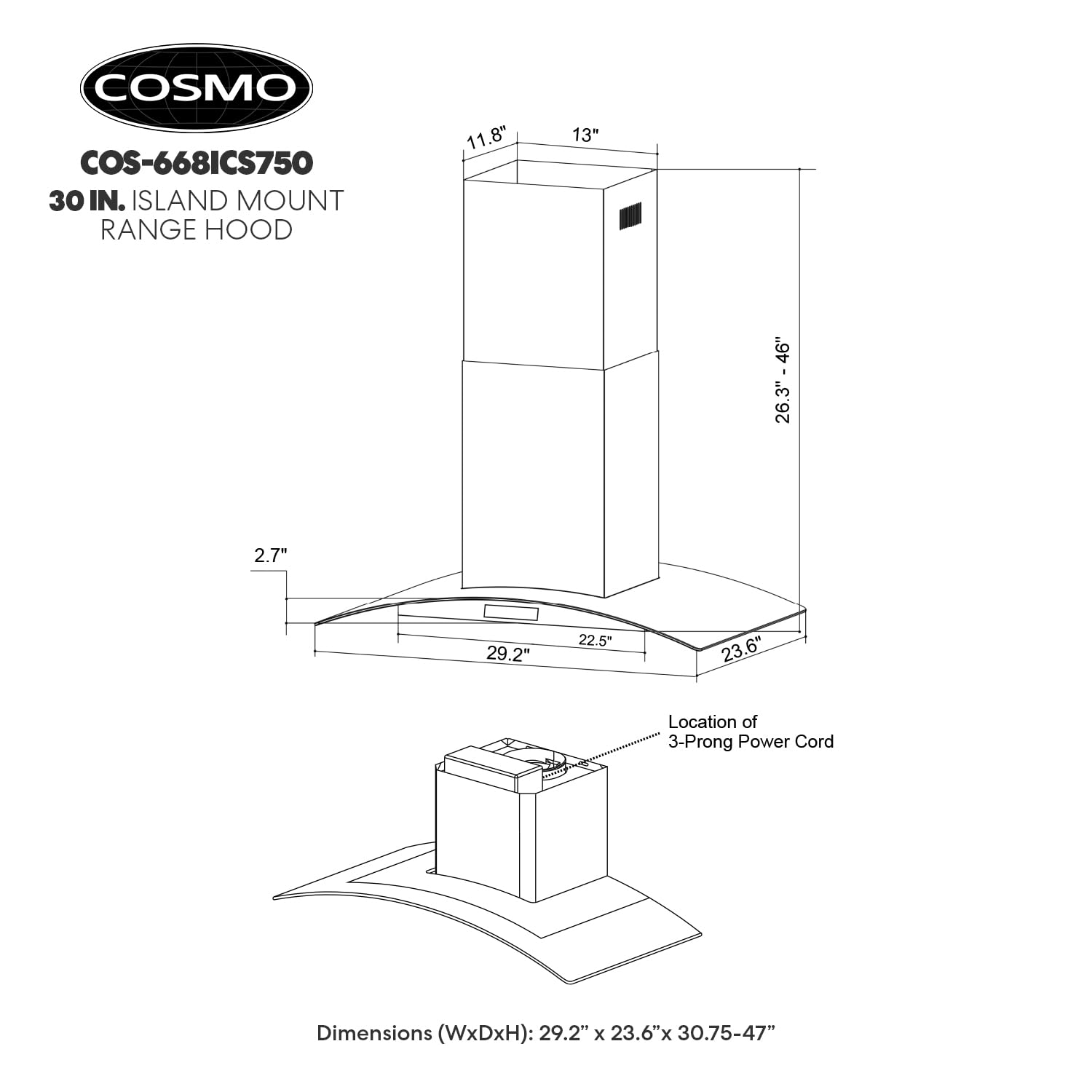 380 CFM Island Mount Range Hood with Glass Visor