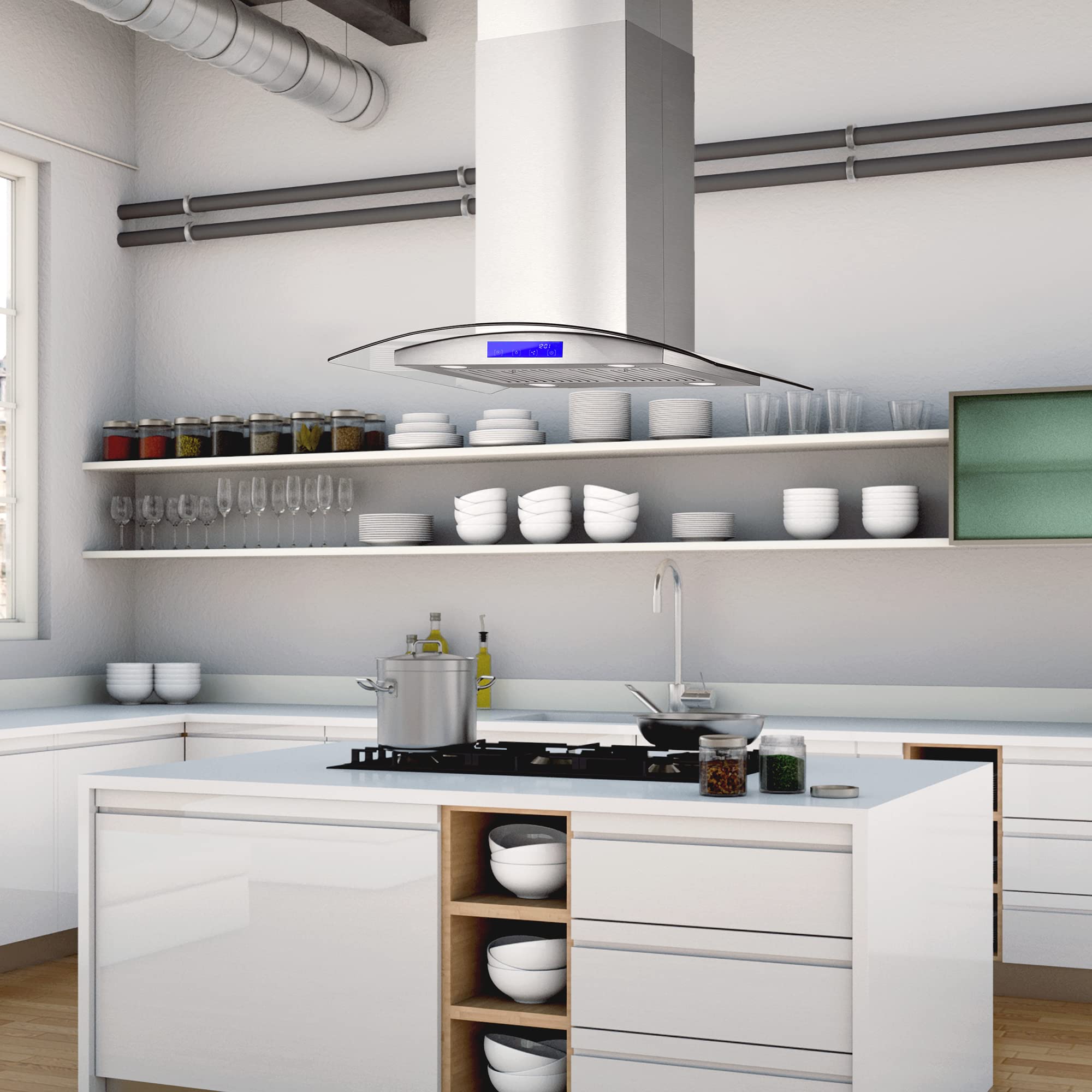 380 CFM Island Mount Range Hood with Glass Visor