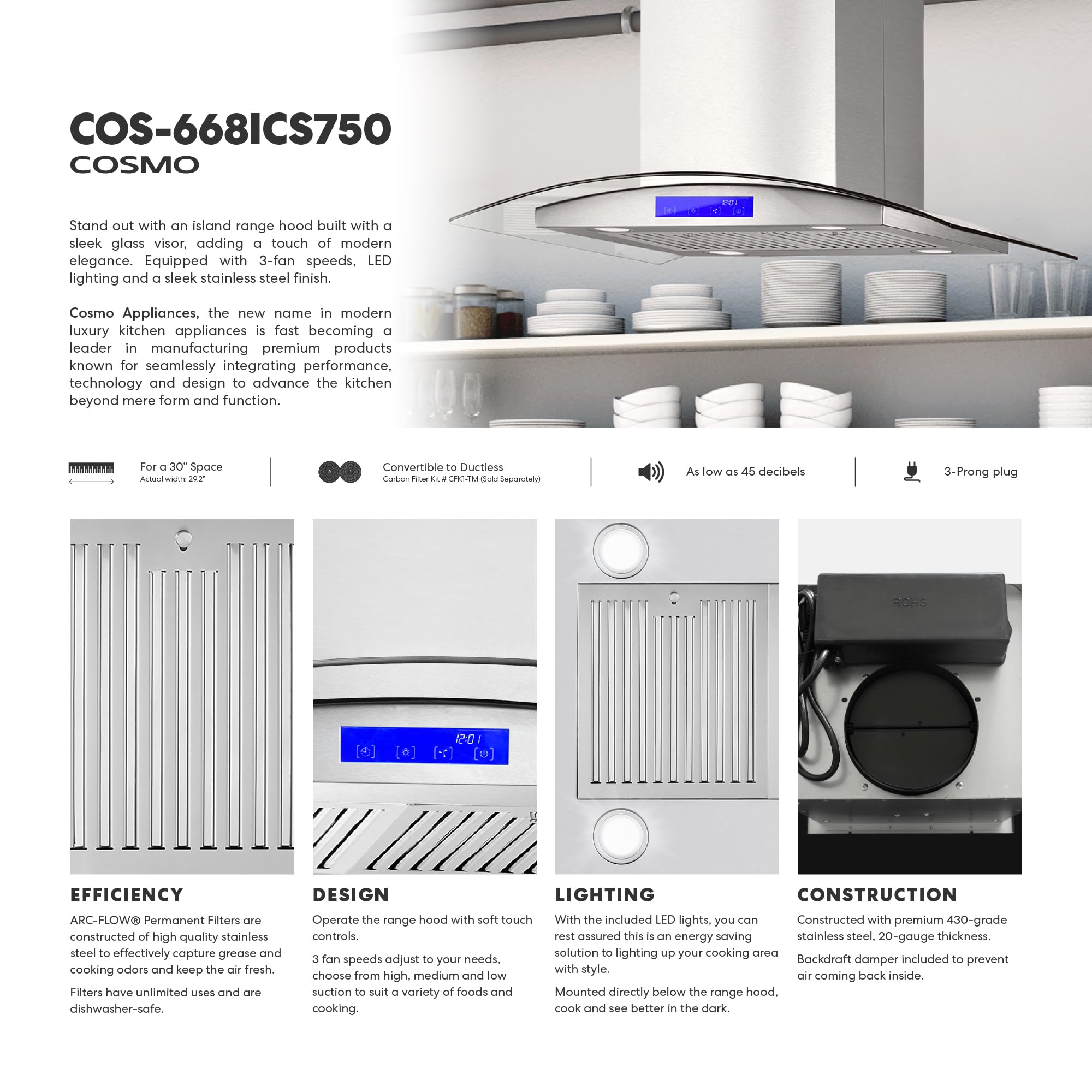 380 CFM Island Mount Range Hood with Glass Visor